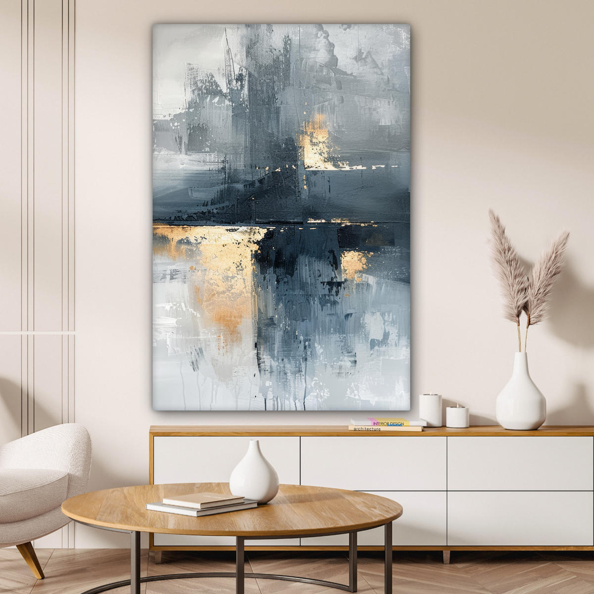 LEINWANDBILD Kunst - Grau - Gold - Abstrakt Deko XXL 80x120 cm - Dunkelgrau, Textil (80/120cm) - MuchoWow