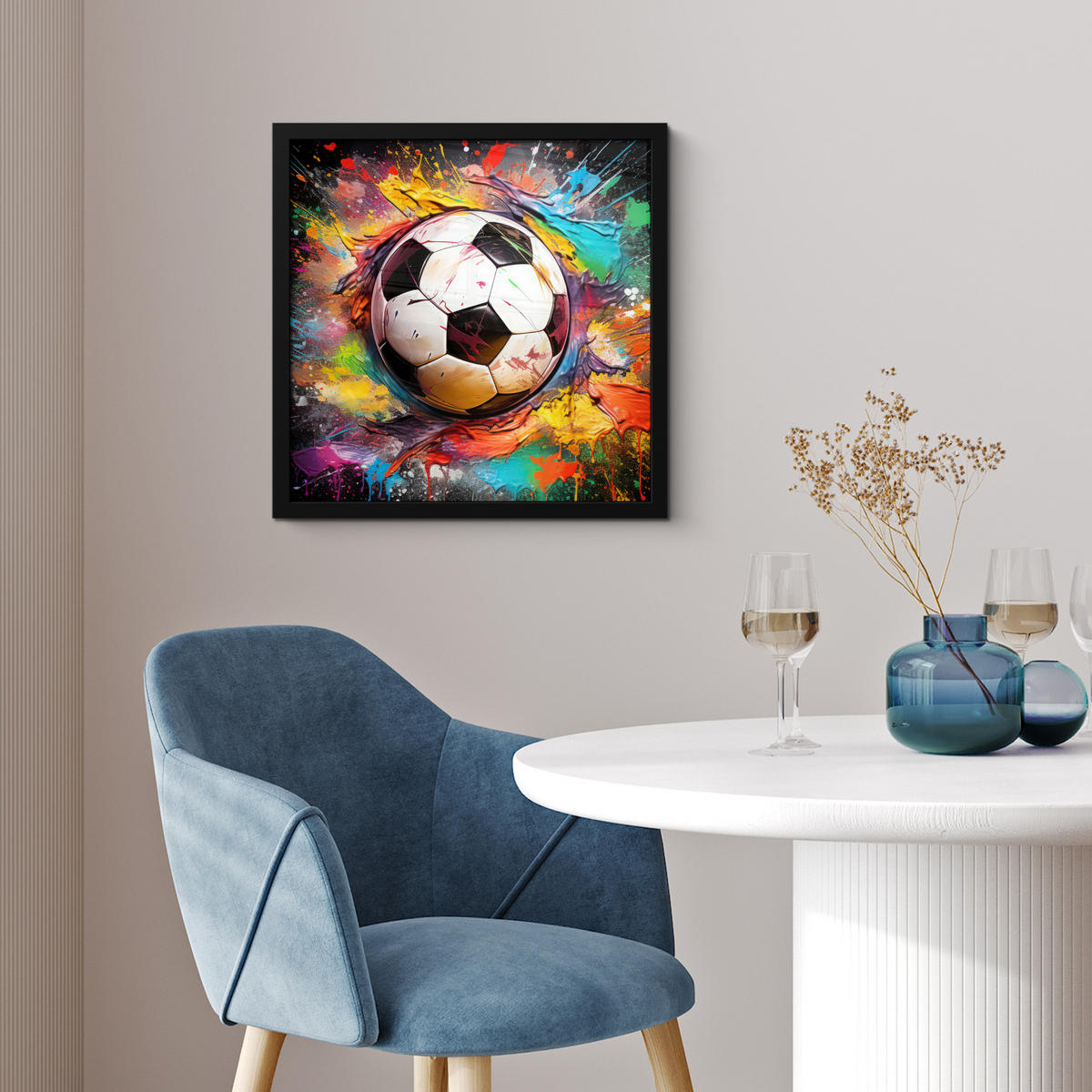 POSTER MIT RAHMEN Fußball - Farbe - Farben - Schwarz - Weiß 40x40 cm - Weiß, Papier (40/40cm) - MuchoWow