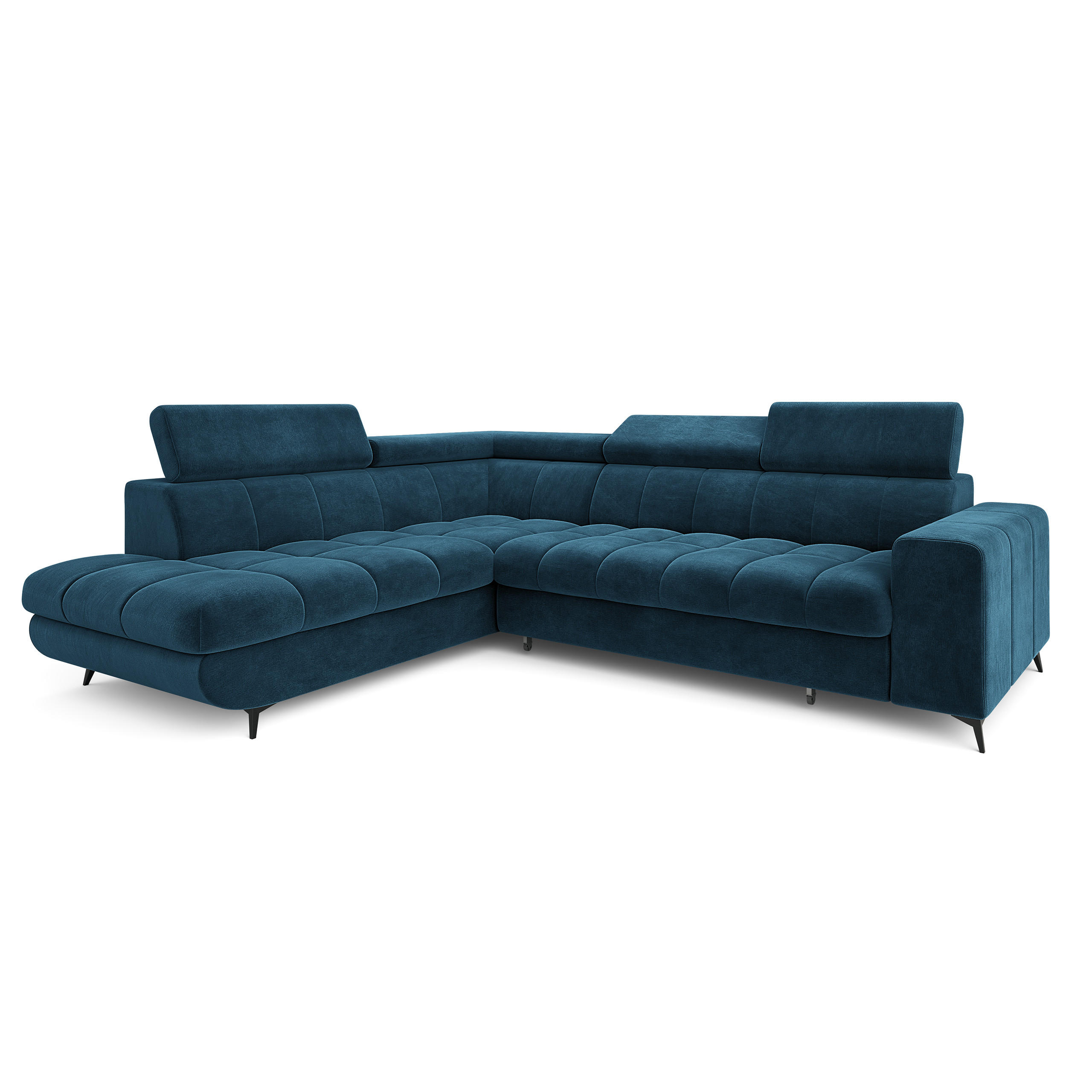 ECKSOFA MORIVA L-S Blau Velours-Stoff mit Schlaffunktion - Blau, Holz (253/190cm) - MASSENO