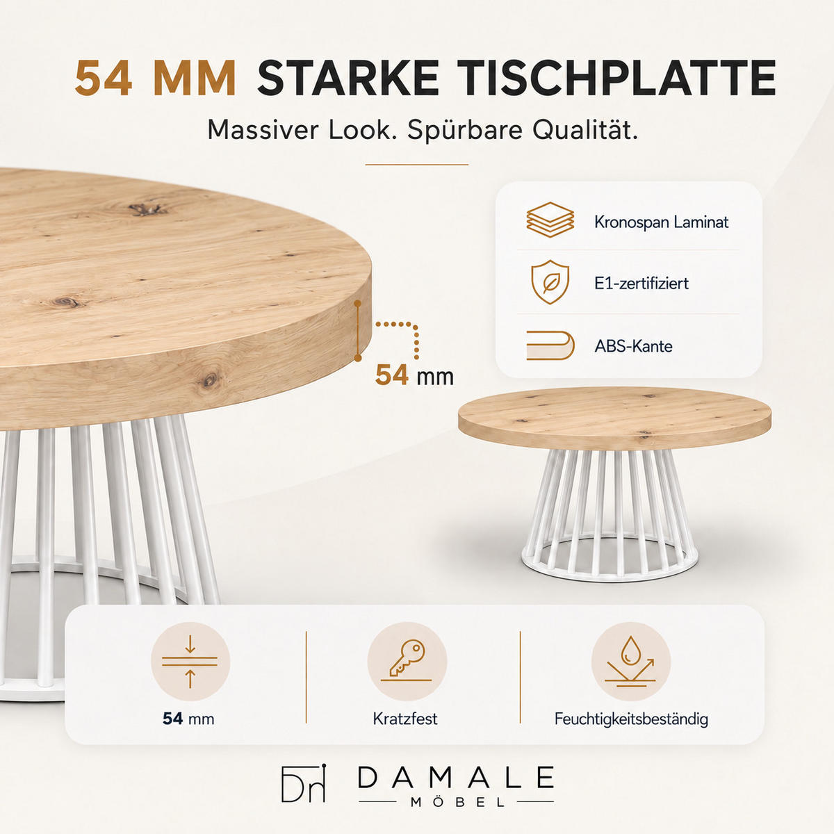 ESSTISCH rund ausziehbar 90/190/76 cm, Hellbraun Artisan Eiche, 54 cm Tischplatte + Lamellen-Metallgestell Weiß - Weiß/Eiche Artisan, Holzwerkstoff/Metall (90/190/76cm) - Damale Möbel