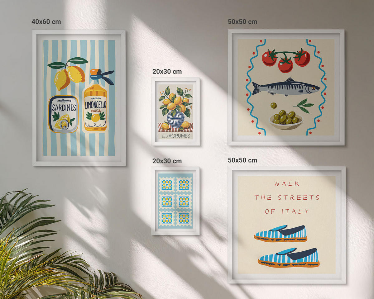 WANDBILDER 5er-Set - 50x50 cm & 20x30 cm & 40x60 cm Weißer Rahmen - Italienische Aromen, farbenfrohe Bilder - Weiß, Kunststoff (40/60cm) - ArtPrintCave