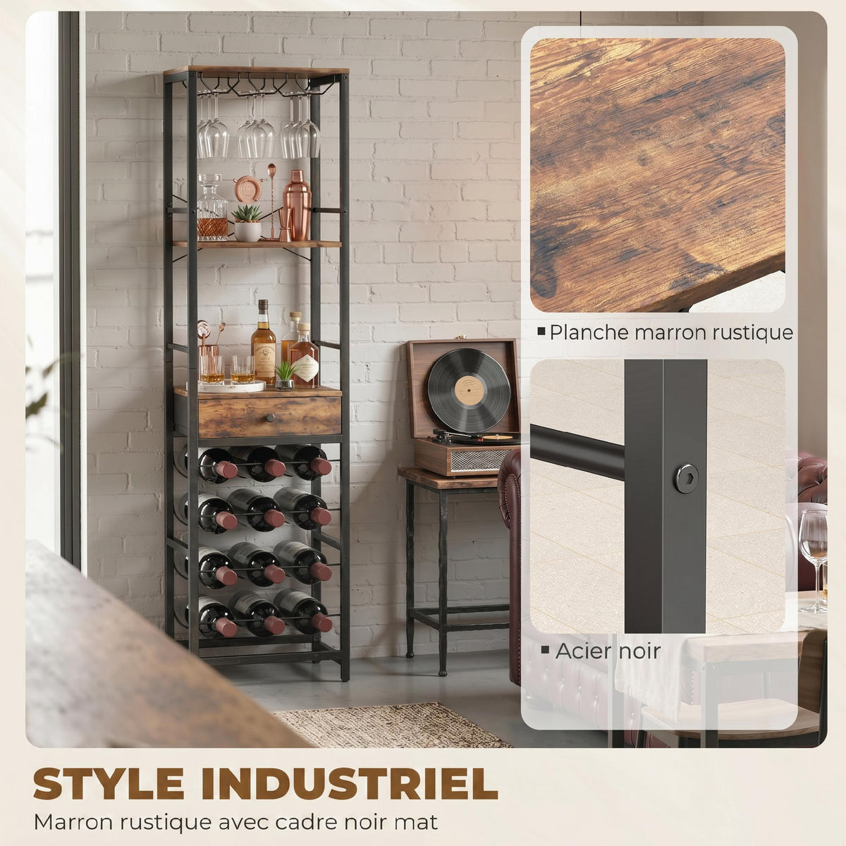WEINREGAL, 12 Flaschen, offenes Fach, Schublade, rustikal braun, 40x30x148cm - Multicolor, Metall (40/148/30cm) - FORIOUS