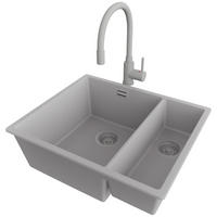GRANITSPÜLE London Slim Duo, 2-er set Grau 56/47 cm 1,5 Becken + Küchenarmatur 38/14 cm + Ablauf-Set ab 60er Unterschrank - Grau, Kunststoff (56/20/47cm) - Primagran