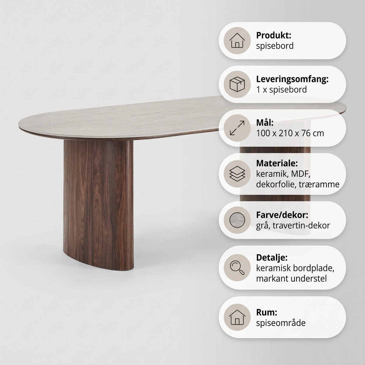 ESSTISCH Minamata 100 x 210 x 76 cm, Keramik-Tischplatte Travertin / Walnuss-Dekor - Grau, Holzwerkstoff (210/100/76cm) - ebuy24