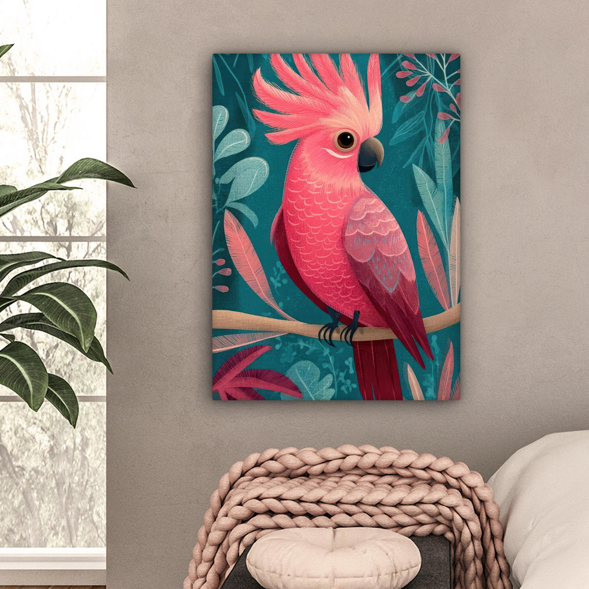 LEINWANDBILD Kakadu - Tropische Blätter - Zweig Wandbild Wohnzimmer 60x80 cm - Petrol, Textil (60/80cm) - MuchoWow