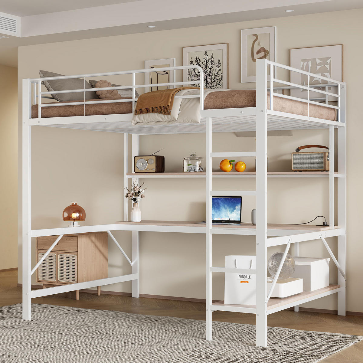 HOCHBETT 140/200 cm Weiß mit Geländer und Trittleiter mit USB-Anschluss und LED-Beleuchtung - Weiß, Metall (140/200cm) - OKWISH