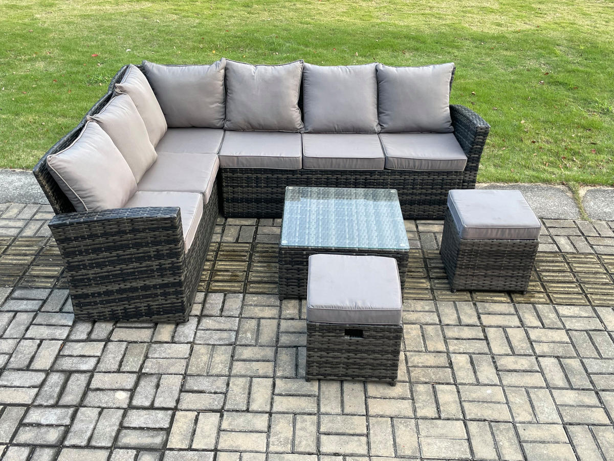 LOUNGEMÖBEL-SETS mit Couchtisch Sofa Polyrattan Dunkelgrau 8-Sitzer - Dunkelgrau/Grau, Glas/Kunststoff - Fimous