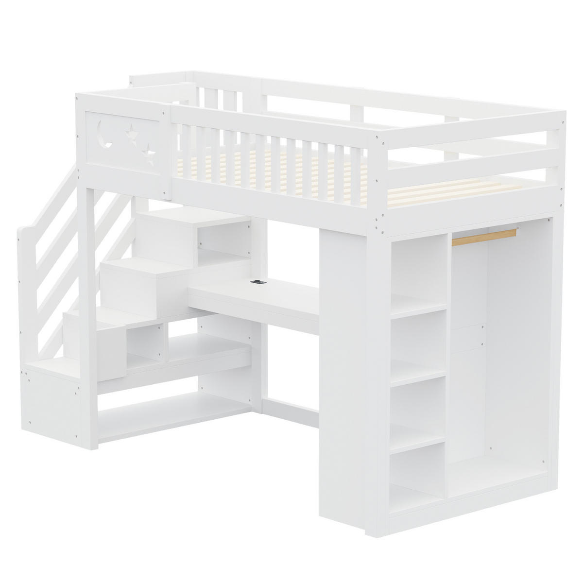 HOCHBETT 90 × 200 cm aus Holz mit Schreibtisch und LED, Weiß - Weiß, Holz (90/200cm) - FLIEKS