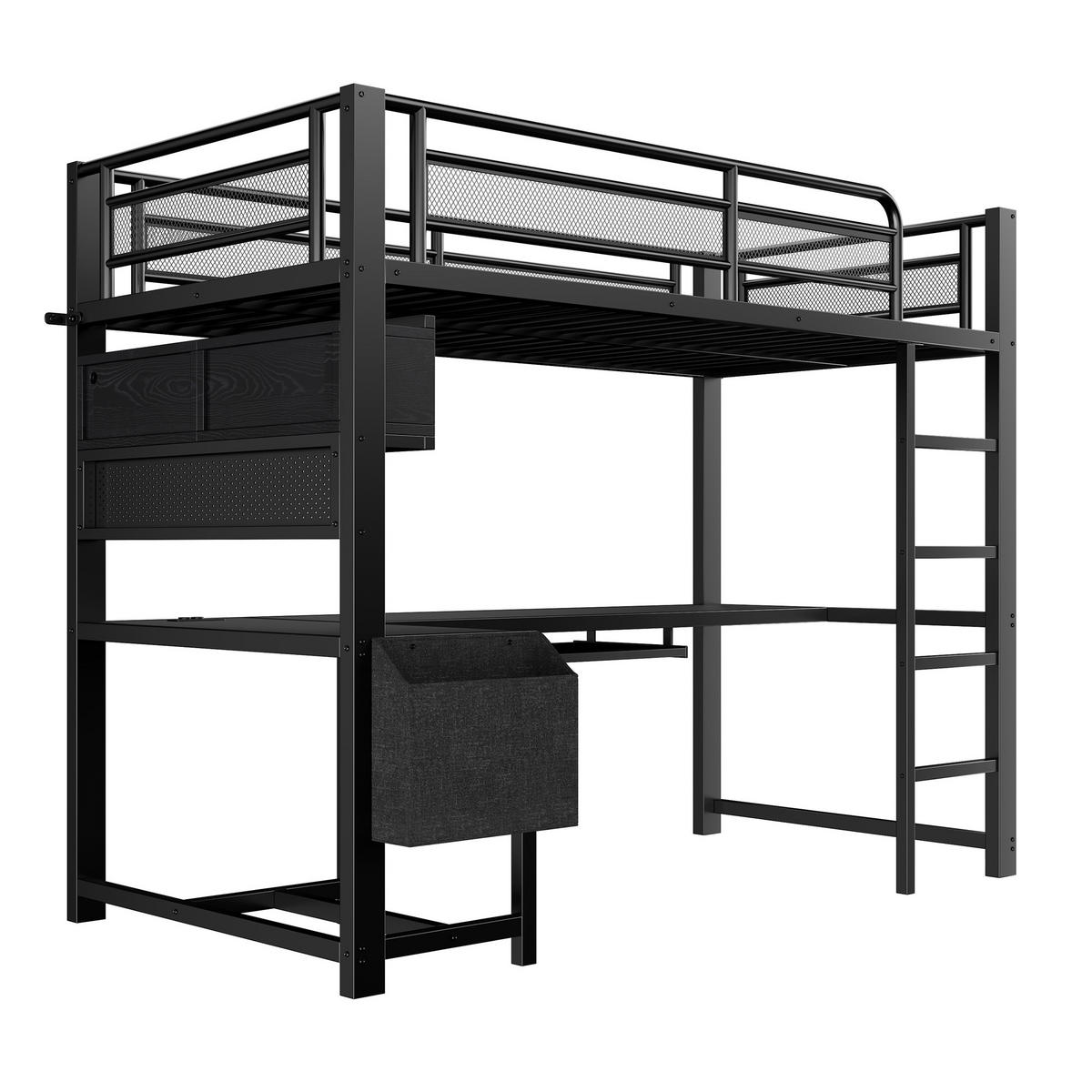 HOCHBETT 90/200 cm in Schwarz aus MDF und Metall mit Schreibtisch, LED und Steckdosen - Schwarz, Holzwerkstoff/Metall (90/200cm) - WISHDOR