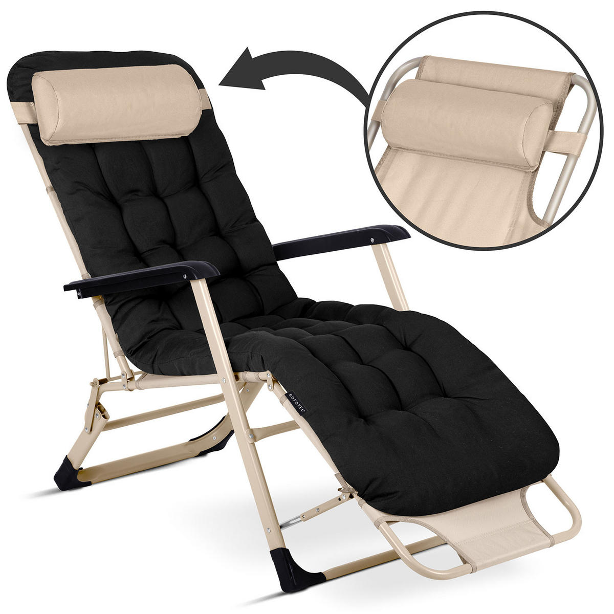 GARTEN-RELAXSESSEL Klappbarer mit Kissen, Schwarz - Schwarz, Metall (60/102/110cm)
