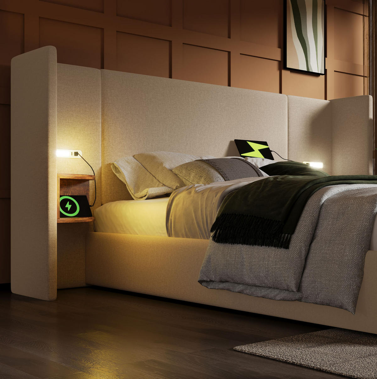 POLSTERBETT 180/200 cm Beige mit Stauraum, Leselicht und USB- und Type-C-Anschlüssen - Beige, Textil (180/200cm) - Flora Grace