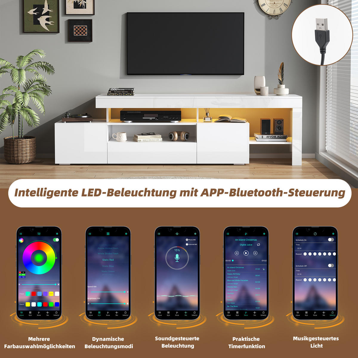 TV-LOWBOARD 192x37x53 cm Weiß LED 3 Schränke Hochglanz - Weiß, Holzwerkstoff (37/53/192cm) - FLIEKS