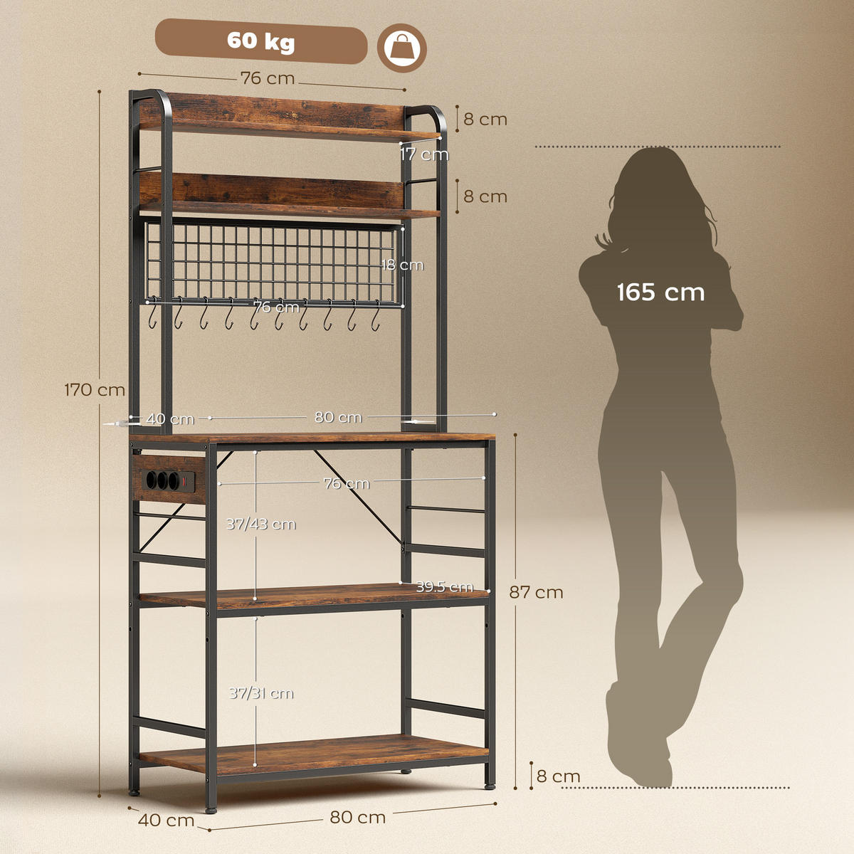KÜCHENREGAL Braun 1 Stück - Braun, Holzwerkstoff (40/170/80cm) - GiPP