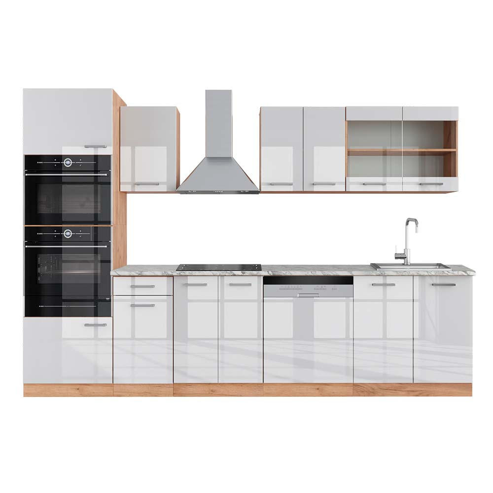KÜCHENZEILE R-Line Weiß Hochglanz/Goldkraft Eiche 300 cm AP Marmor - Honigeiche/Weiß Hochglanz, Holzwerkstoff (300/81.6/60cm) - Vicco