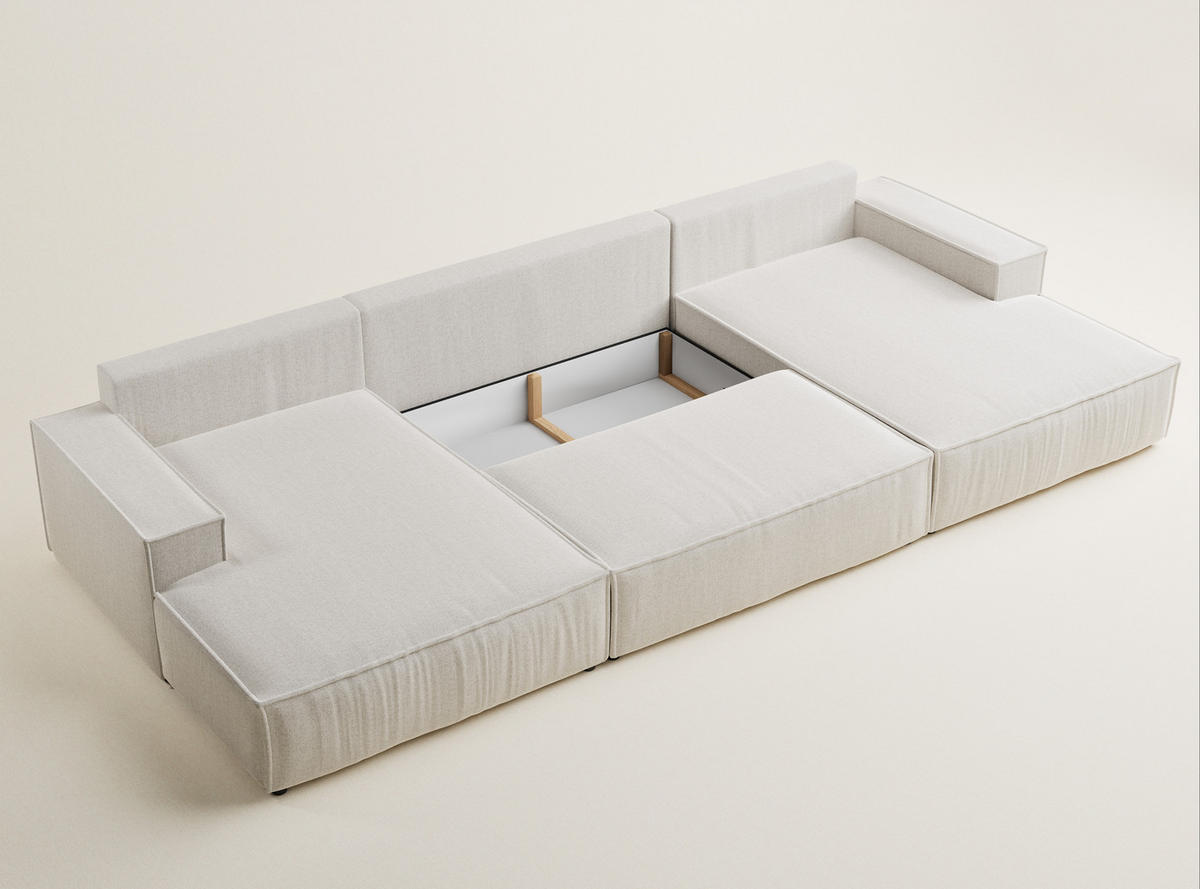WOHNLANDSCHAFT Kyoto Hellbeige Webstoff - Creme/Schwarz, Holz/Holzwerkstoff (398/70/148cm) - Maison de Reve