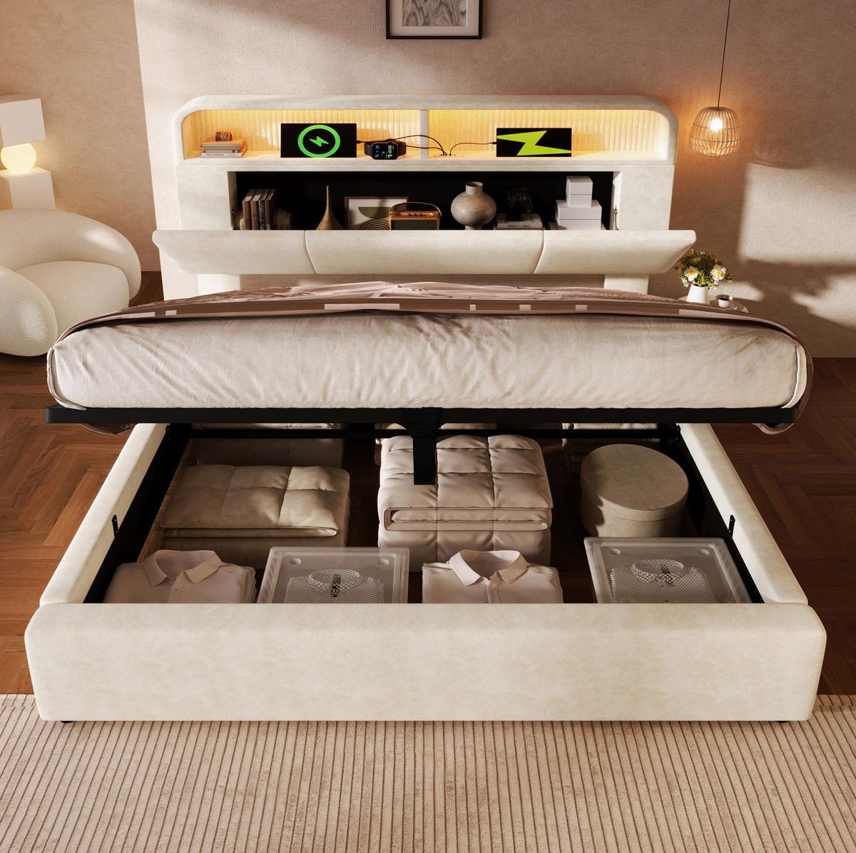 BETT mit Stauraum und LED 140x200 cm Samt Beige mit Lattenrost - Beige, Metall (140/200cm) - Meubliv