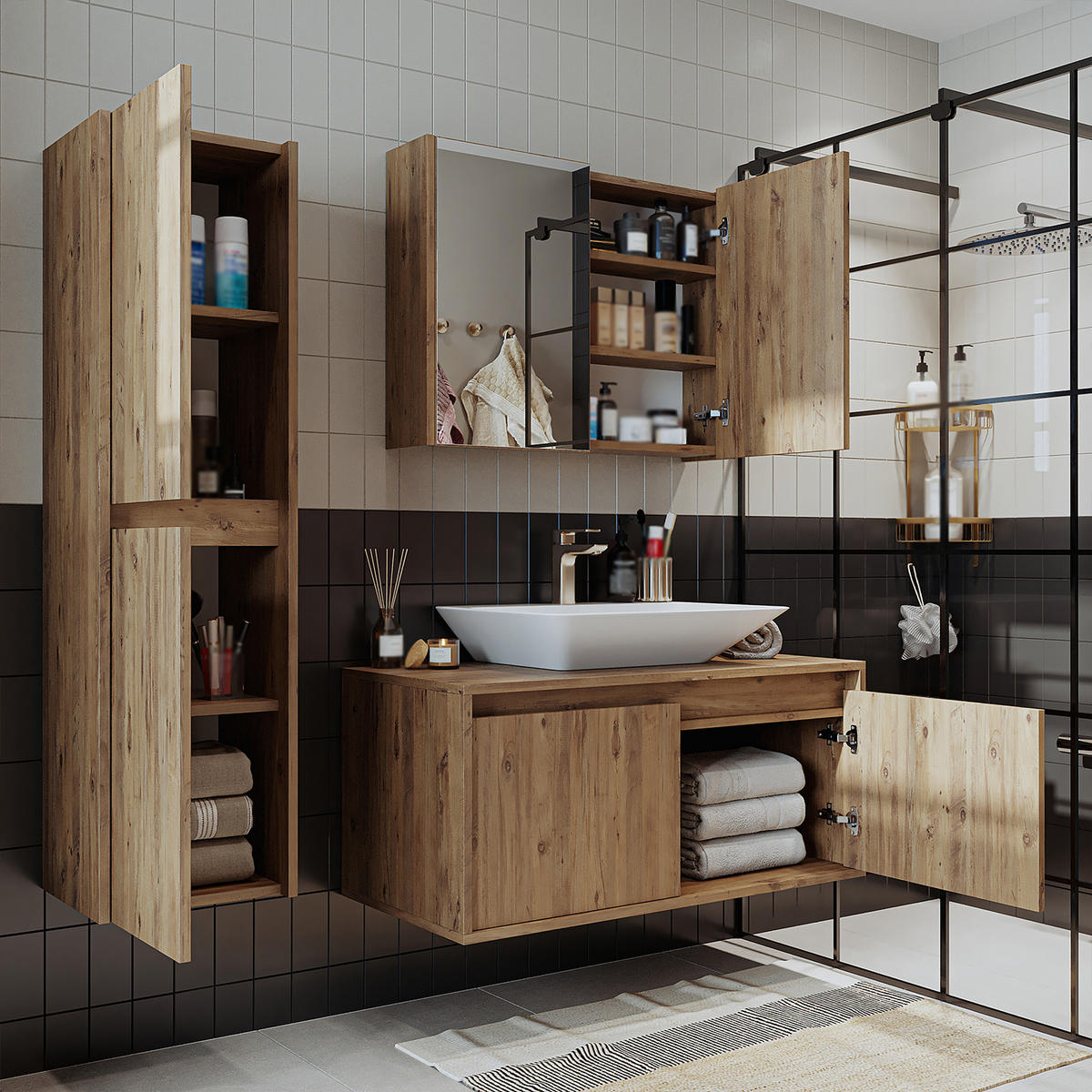 BADMÖBEL Set ATLANTIC-100 4-teilig - Eichefarben, Holzwerkstoff (100/150/45cm) - Roomart