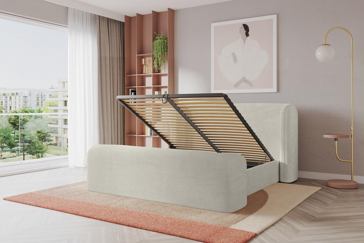 POLSTERBETT mit Bettkasten, Fußteil und Lattenrost, Boxbett ohne Matratze - ESTI-Z 160x200 Creme - Creme, Holzwerkstoff/Textil (160/200cm) - ALTDECOR