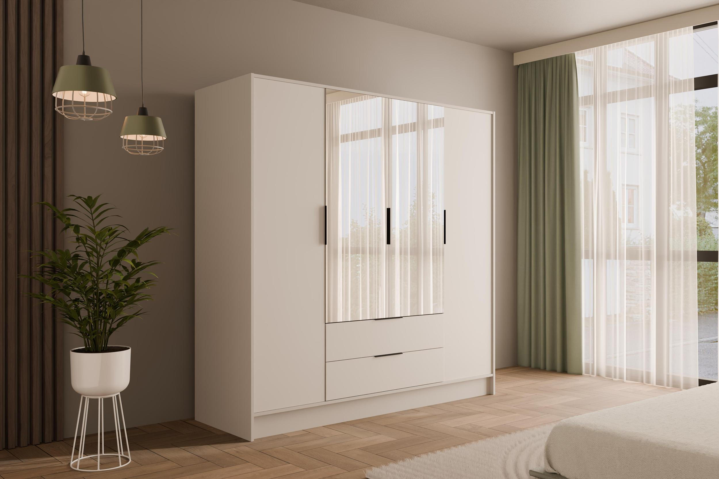 KLEIDERSCHRANK mit Spiegel und Flügeltüren KOLIN 200x200cm Weiß/Weiß - Weiß, Holzwerkstoff (200/200/51cm) - ALTDECOR