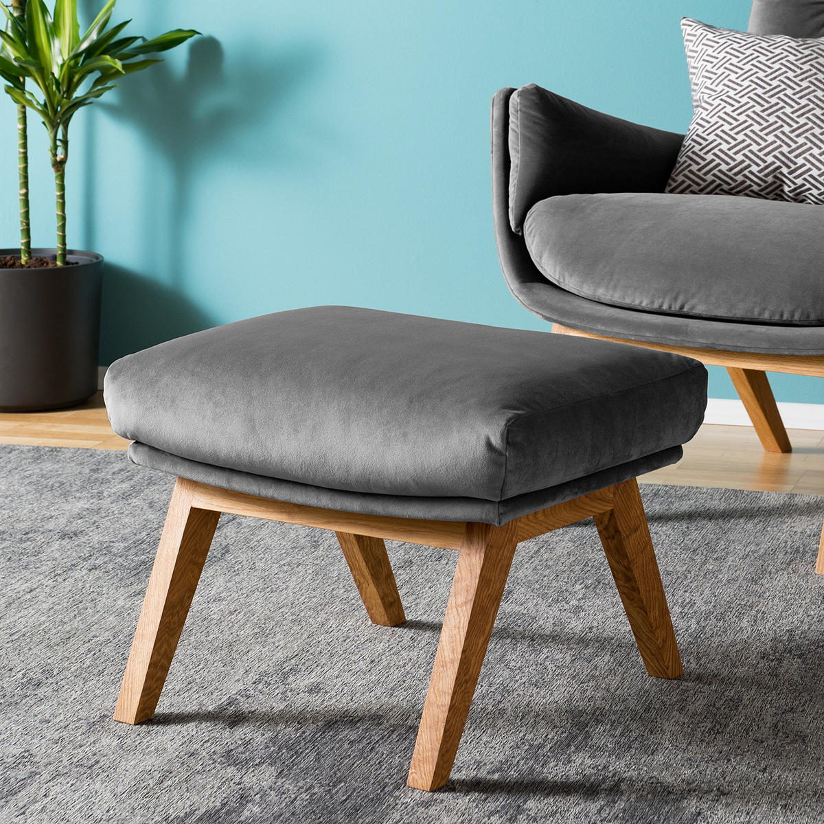 POLSTERHOCKER mit Holzfüßen - Eichefarben/Grau, Eichenholz/Textil (51/37/41cm) - home24