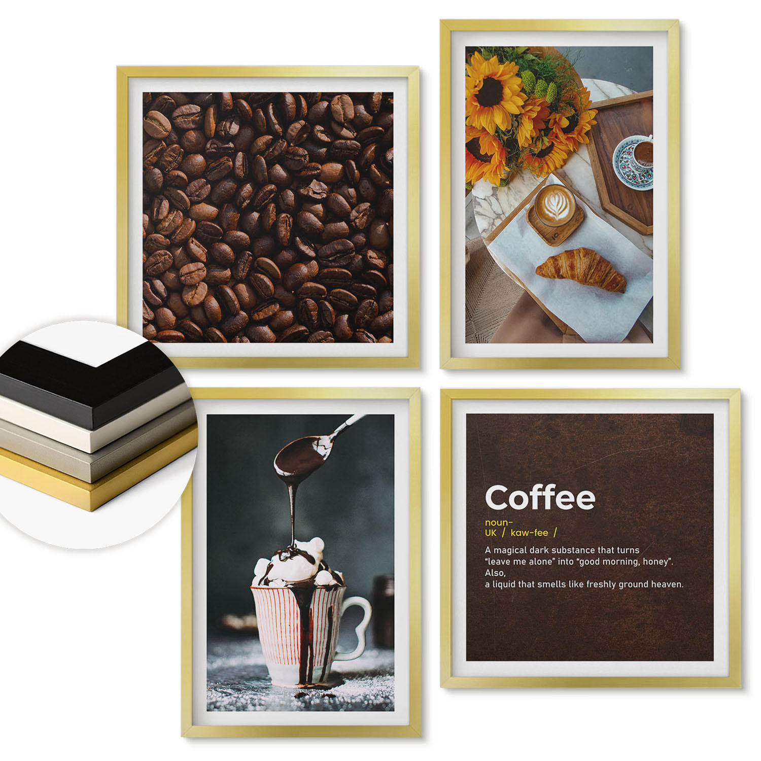 WANDBILDER 4er Set - 50x50 cm & 40x60 cm Goldrahmen - Italienische Frühstückskaffeebohnen - Goldfarben, Kunststoff (50/50cm) - ArtPrintCave