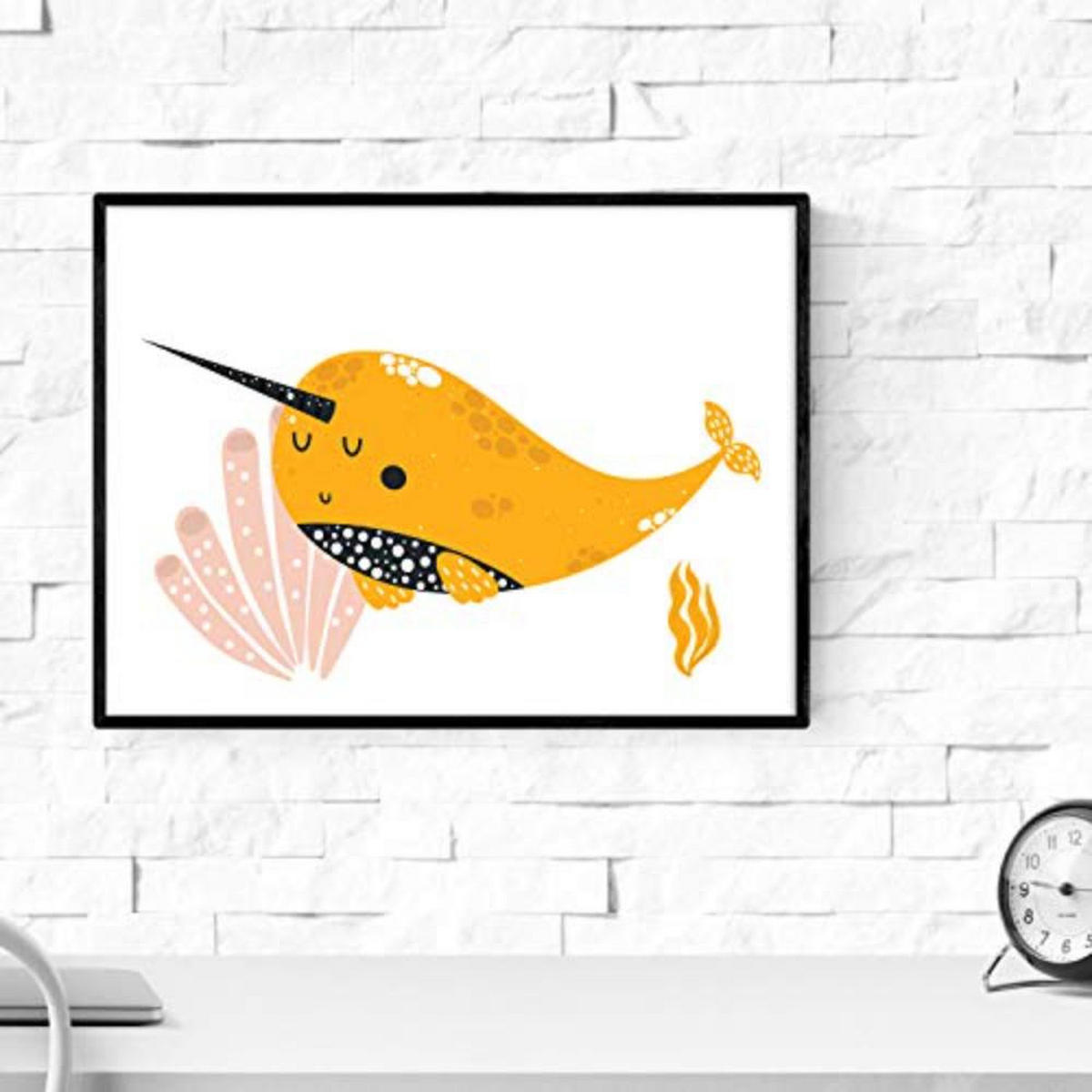 POSTER Set mit 4 Wale im Meer grau orange und rosa A3 Schwarzer Rahmen - Schwarz, Papier (29.7/3cm) - Nacnic