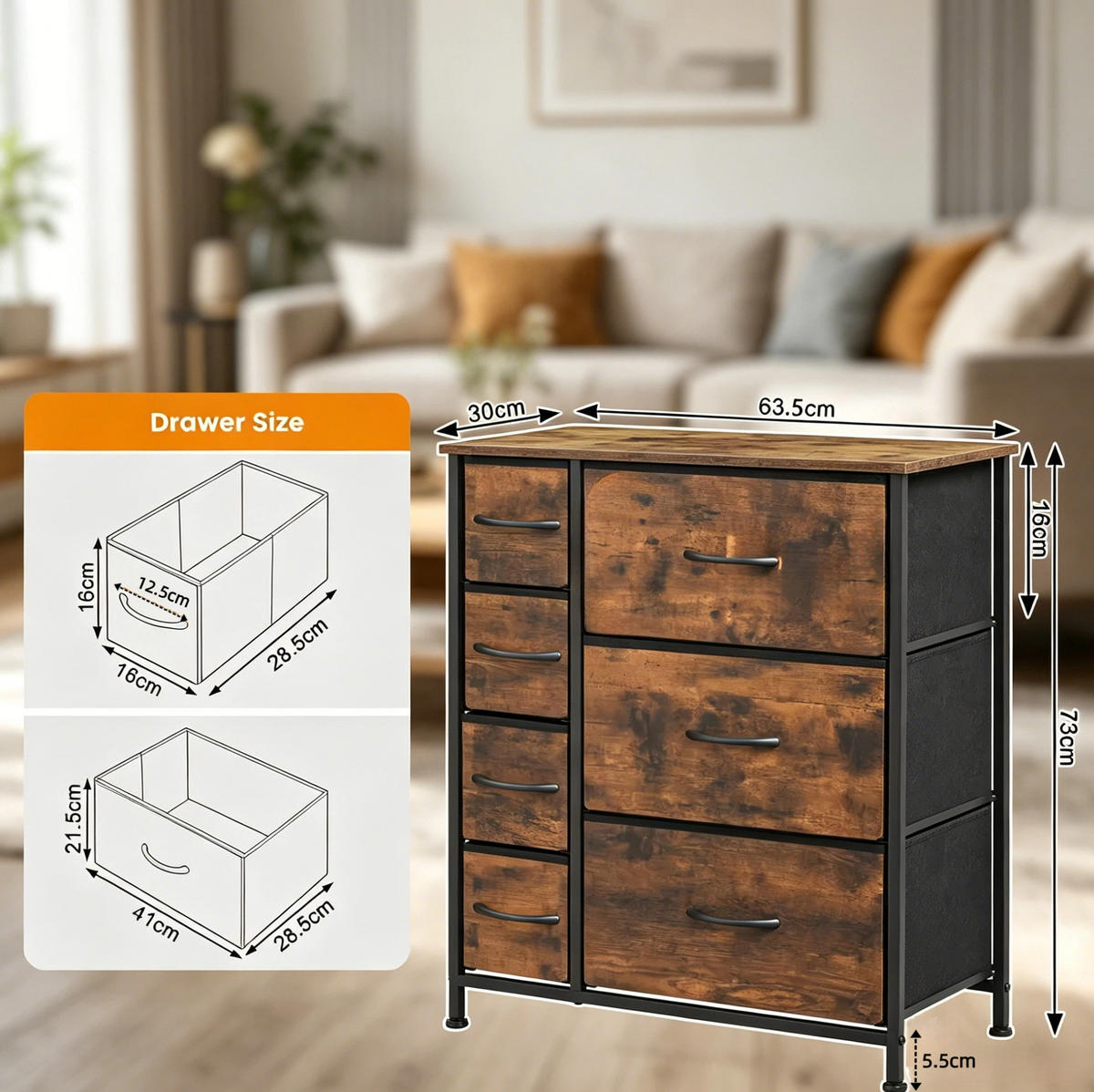 KOMMODE in Rustikalbraun und Schwarz 63,5x30x73 cm mit 7 Stoffschubladen - Braun, Holz (30/73/63.5cm) - IVMEU