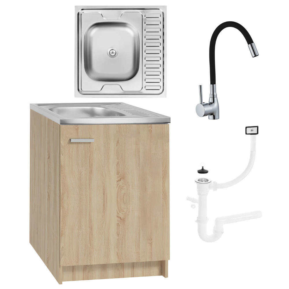 SPÜLUNTERSCHRANK 60cm mit Spüle + Armatur + Siphon Sonoma-Eiche - Sonoma Eiche, Holzwerkstoff (60/60/60cm) - Stamar