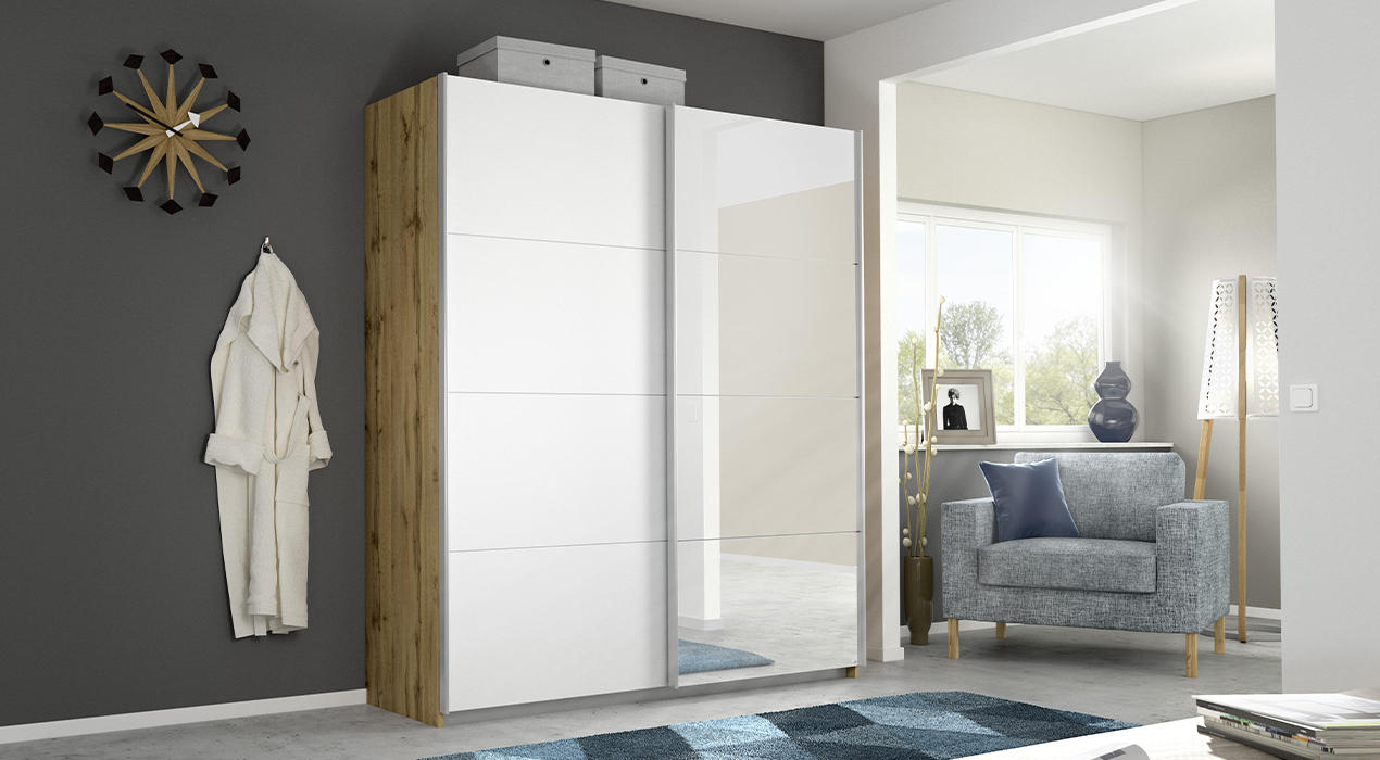 SCHWEBETÜRENSCHRANK 2-türig weiß aus Eiche Wotan von MID.YOU