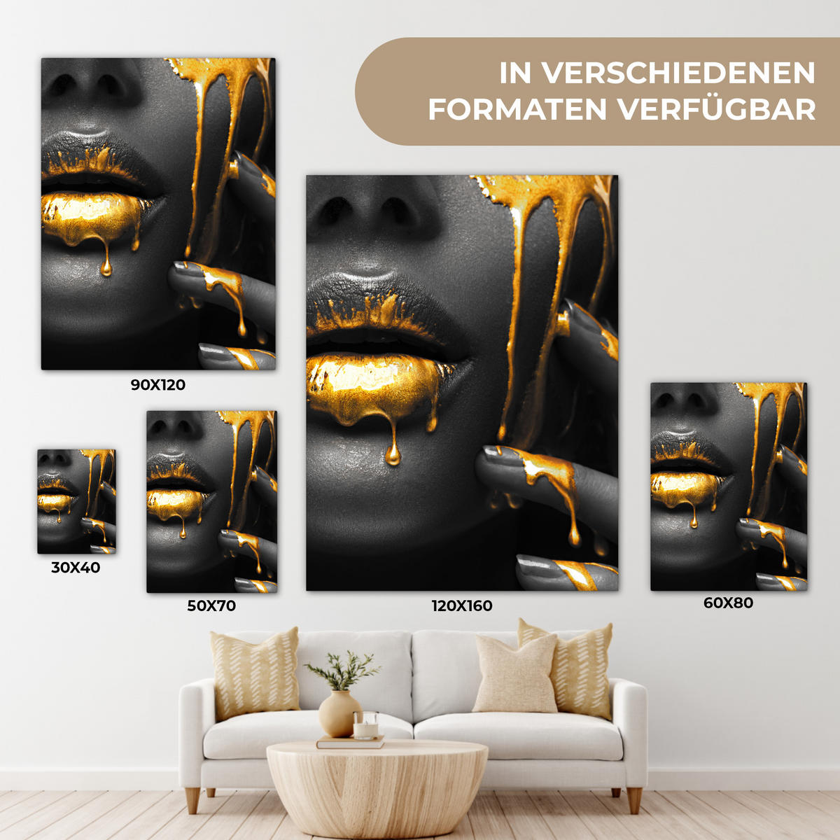 LEINWANDBILD Frau - Schwarz - Gold - Gesicht - Lippen 60x80 cm - Goldfarben, Textil (60/80cm) - MuchoWow