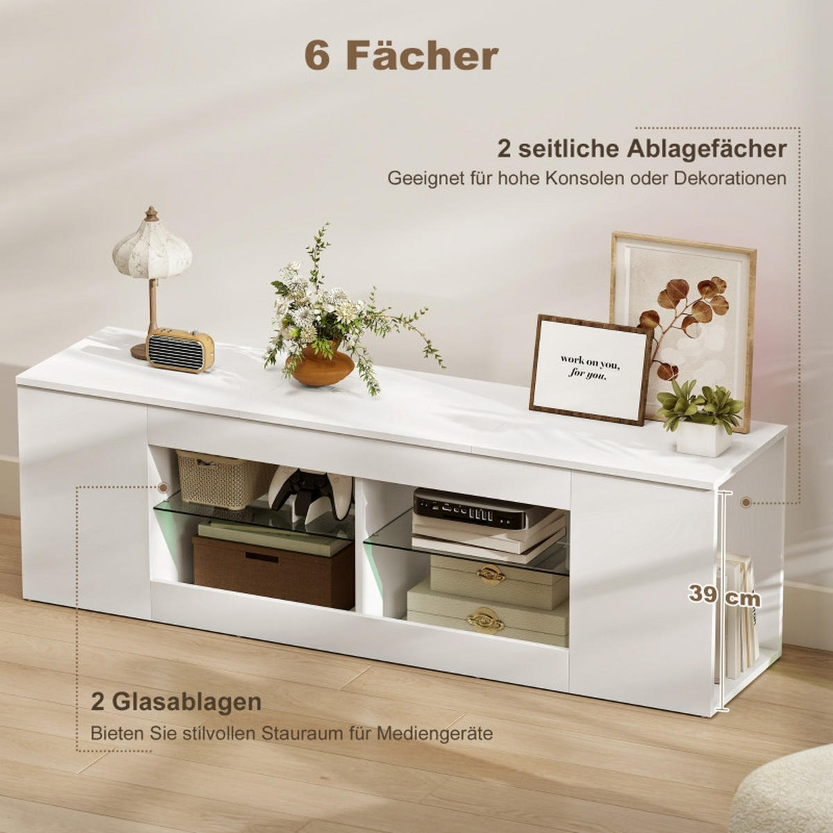 TV-LOWBOARD 140/35/42,5 cm Weiß aus Glas und Spanplatte mit 6 Fächern - Weiß, Glas (140/42.5/35cm) - OKWISH