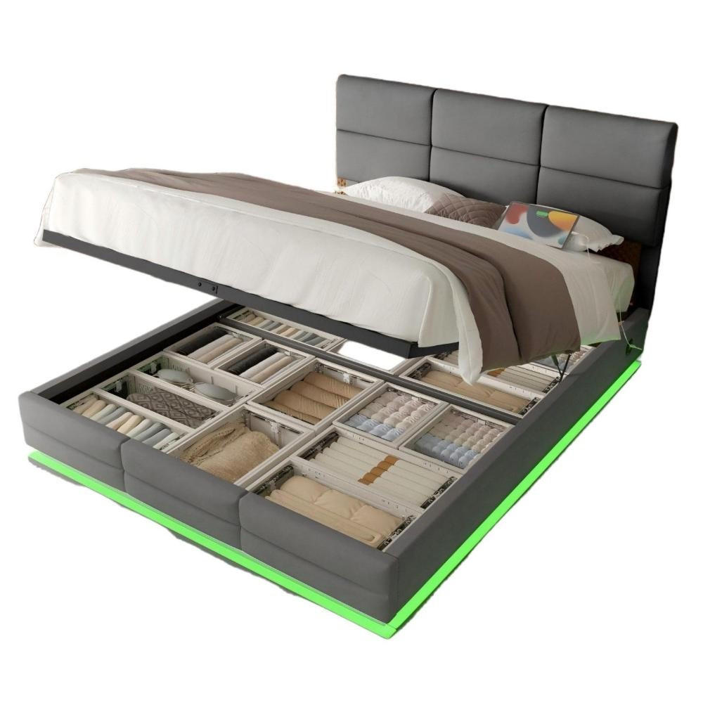 BOXBETT 180/200 mit Bettkasten, LED, USB/Typ C-Ladeanschluss,Samt,Grau - Grau, Holz (180/200cm) - LVHOM