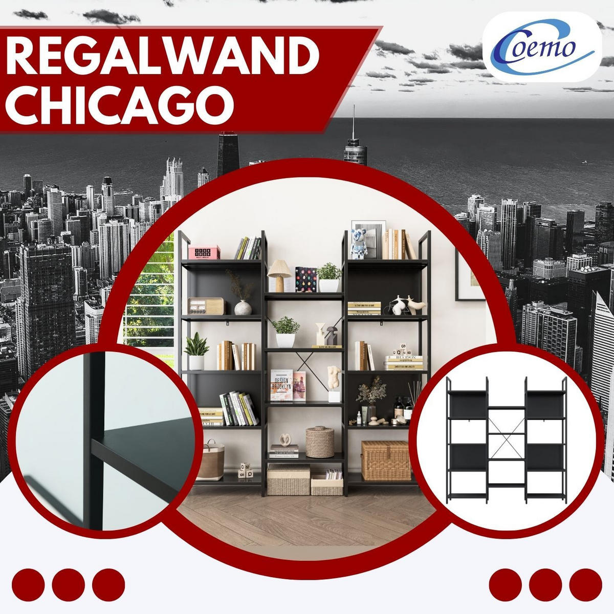 REGALWAND CHICAGO Metall Schwarz 158/24/166 cm - Schwarz, Metall (24/166/158cm) - Coemo