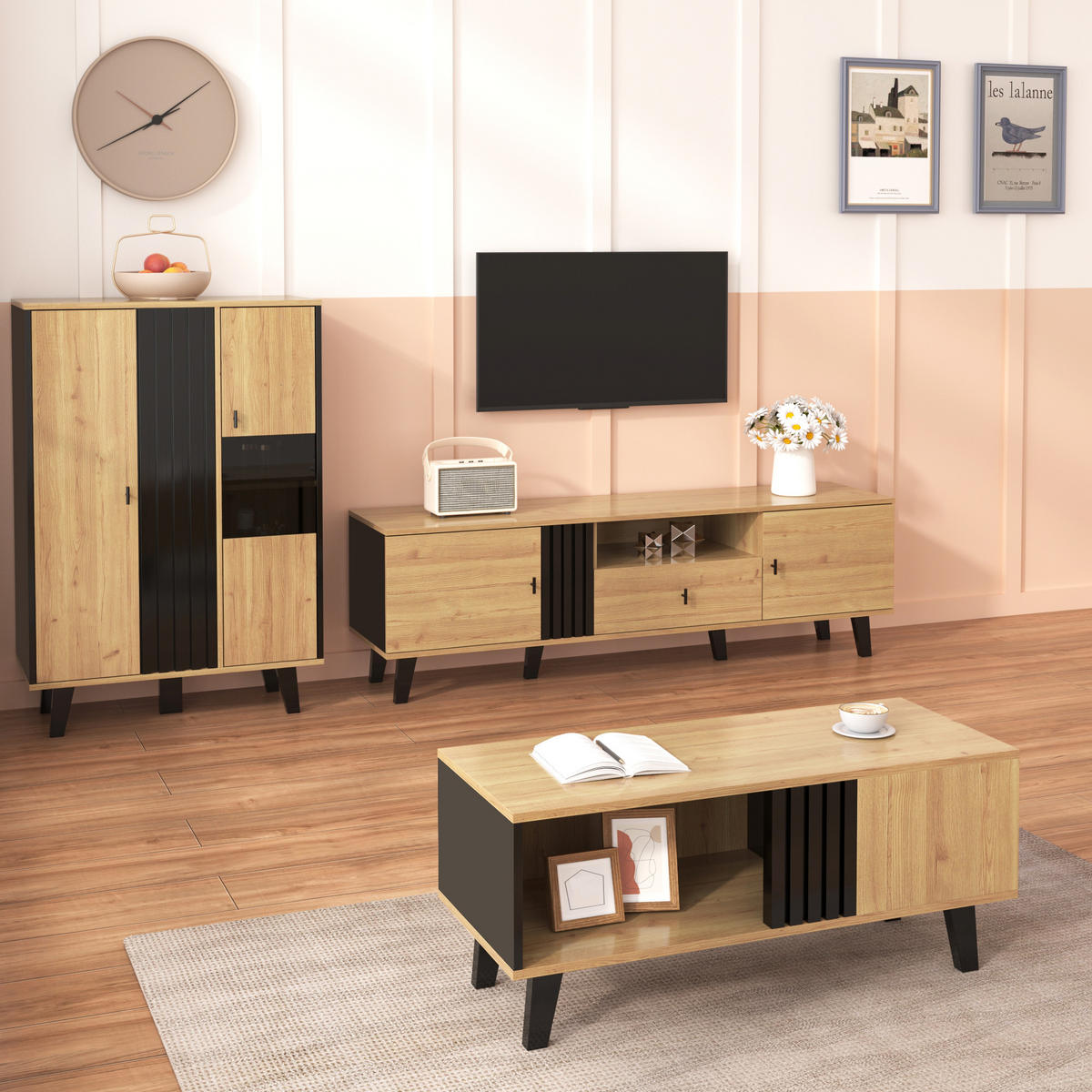 SIDEBOARD in Holzoptik und Schwarz mit 3 Türen, Glasfront und LED-Innenbeleuchtung, 140/41/78,5 cm, Holzoptik und Schwarz - Naturfarben, Holzwerkstoff (78.5/41/140cm) - Redom