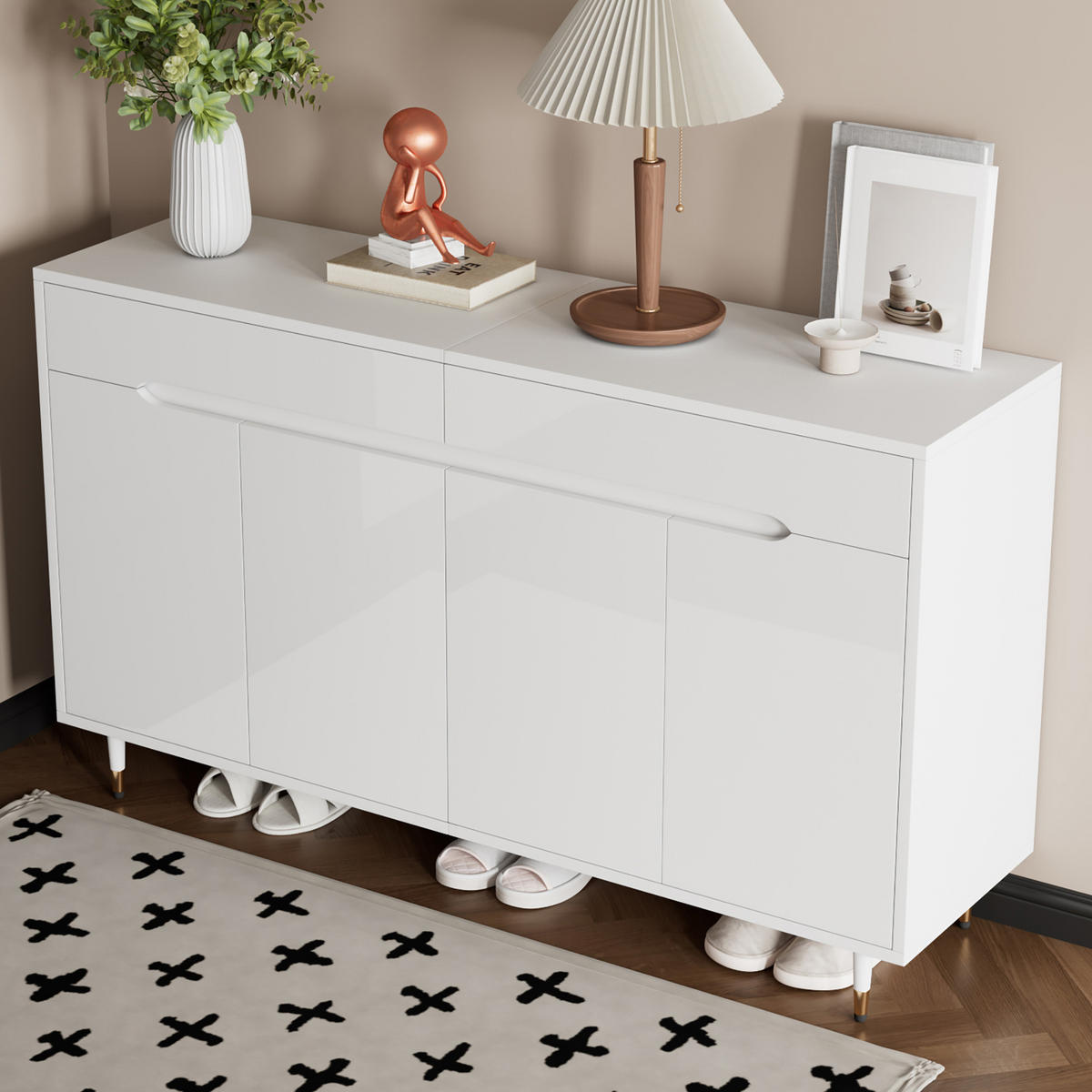 SCHUHSCHRANK 2 Türen 2 Schubladen Goldfüße - Weiß, Holzwerkstoff (140/84/39cm) - Fortuna Lai