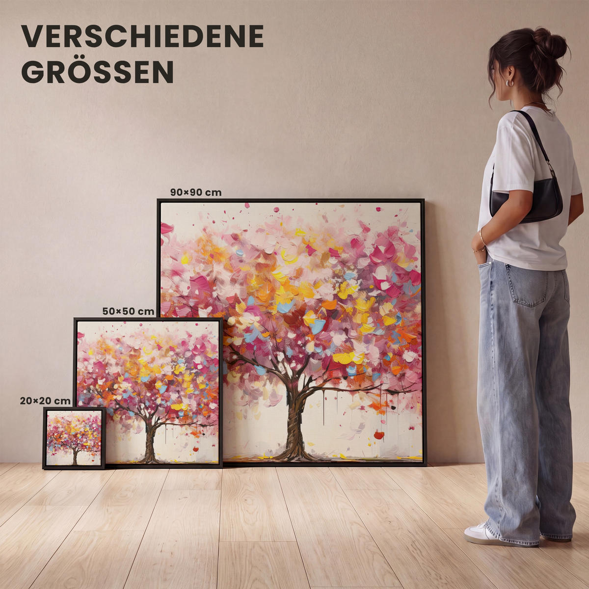 LEINWAND Bilder mit Rahmen - Aquarell - Baum - Kunst - Abstrakt - 90x90 - Multicolor, Textil (90/90cm) - MuchoWow