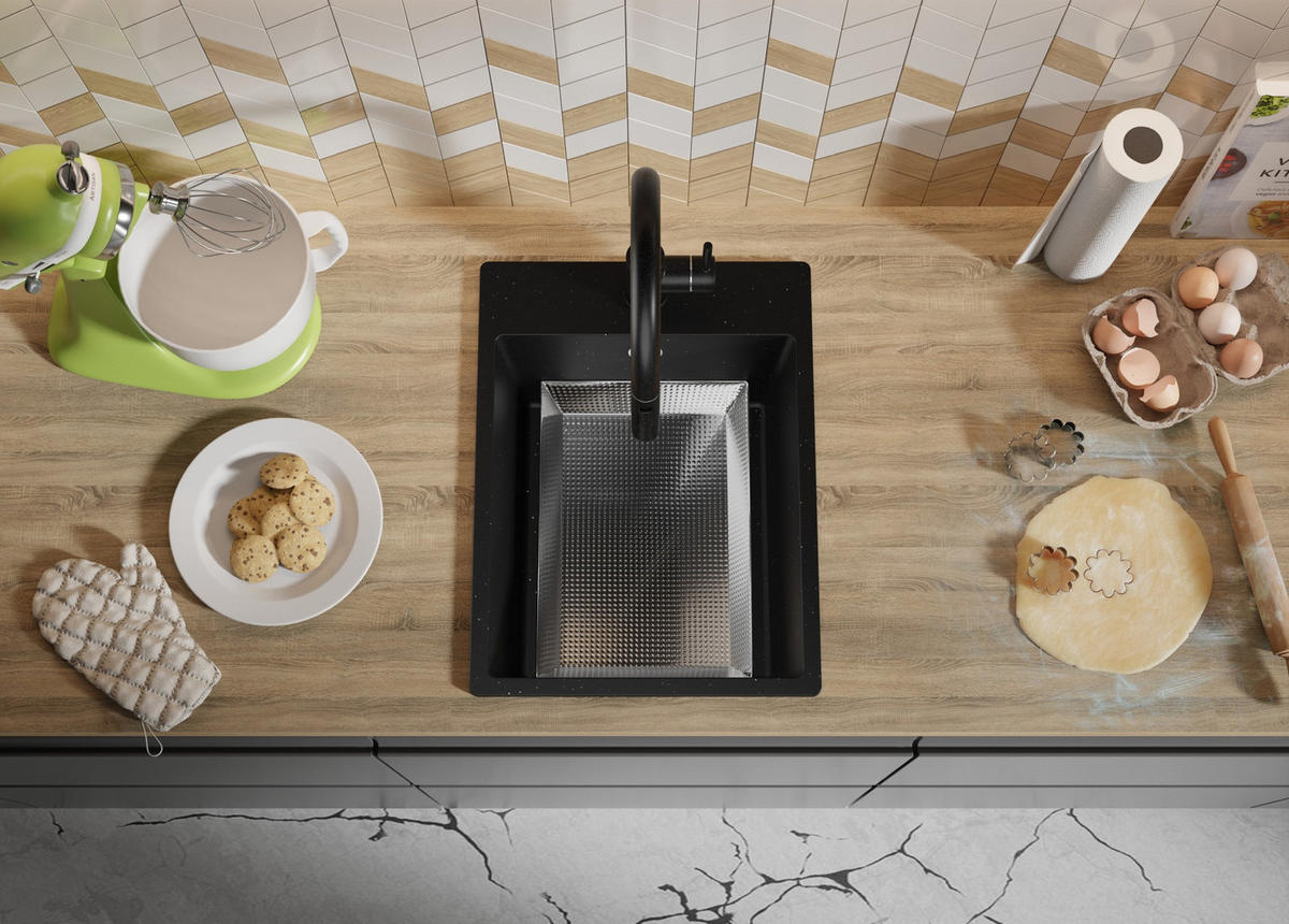 SPÜLBECKEN Riga, 2-er set Schwarz Metallic 38/50 cm 1 Becken + Ablauf-Set ab 40er Unterschrank - Chromfarben/Schwarz Hochglanz, Kunststoff (38/20/50cm) - Primagran