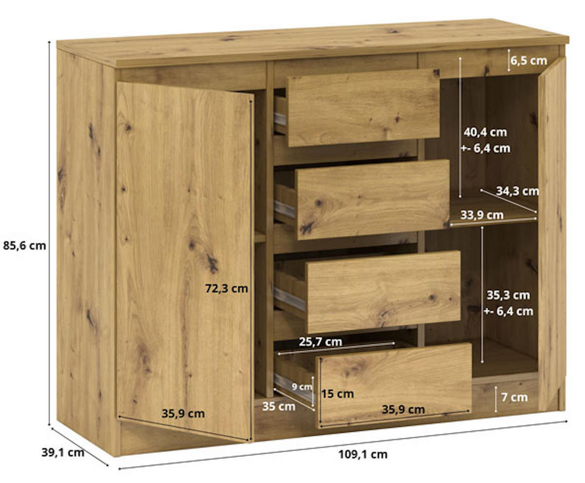 KOMMODE A1a Artisan Eiche 109 / 37 / 85 cm - Eiche Artisan/Weiß, Holz/Holzwerkstoff (109/85/37cm) - Feldmann-Wohnen