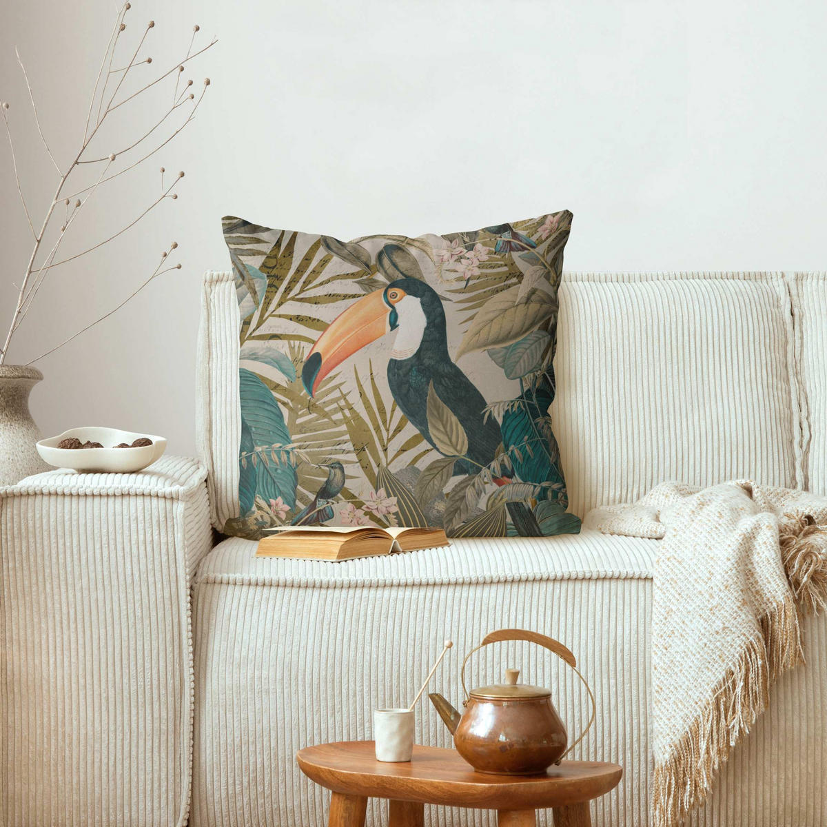 DEKOKISSEN Vintage Collage - Tukan im Dschungel 40/40 cm - Türkis, Textil (40/40/10cm) - Bilderwelten