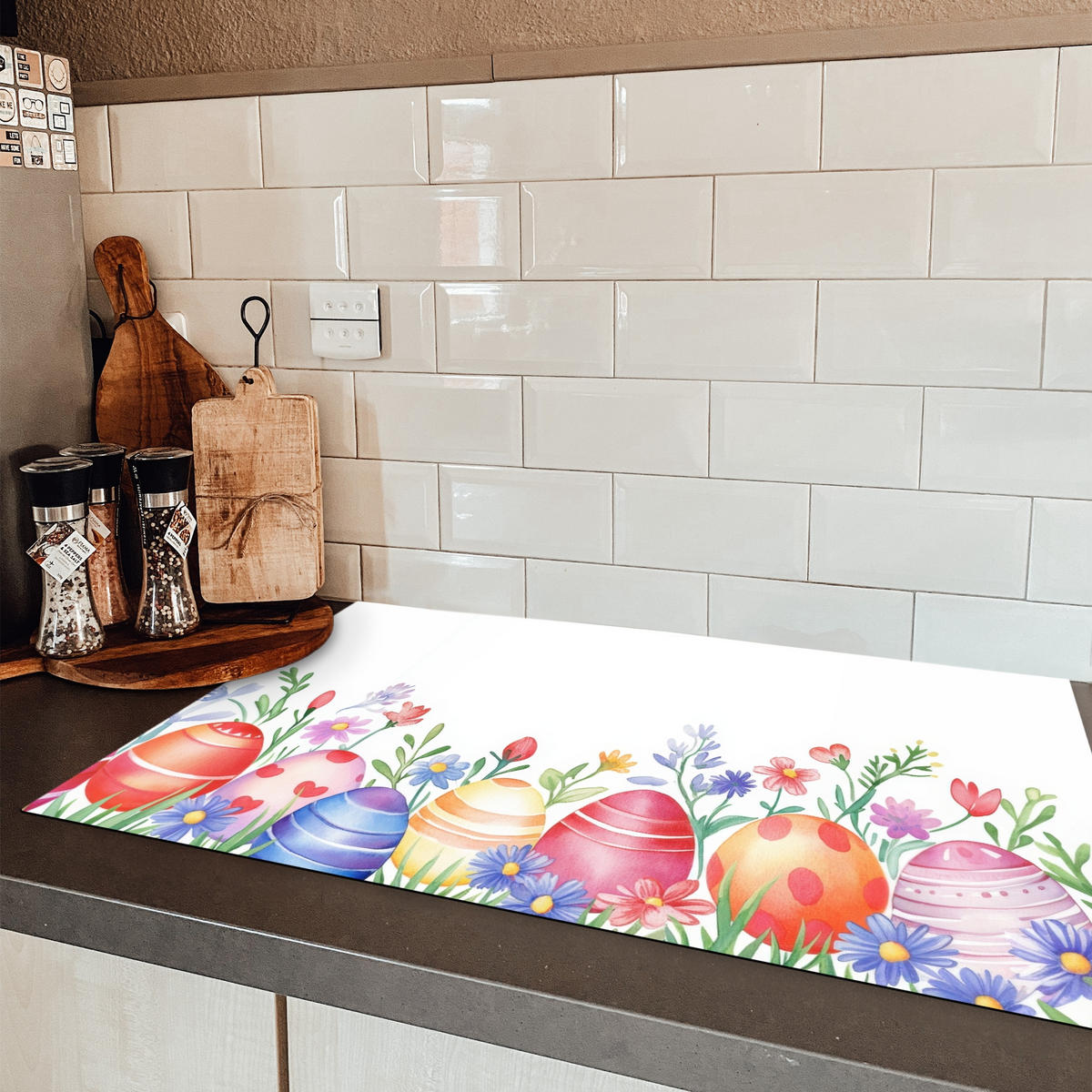 HERDABDECKPLATTE Blumengarten - Bunt - Eier Ceranfeldabdeckung 85x52 cm - Weiß, Kunststoff (85/52/0.2cm) - MuchoWow