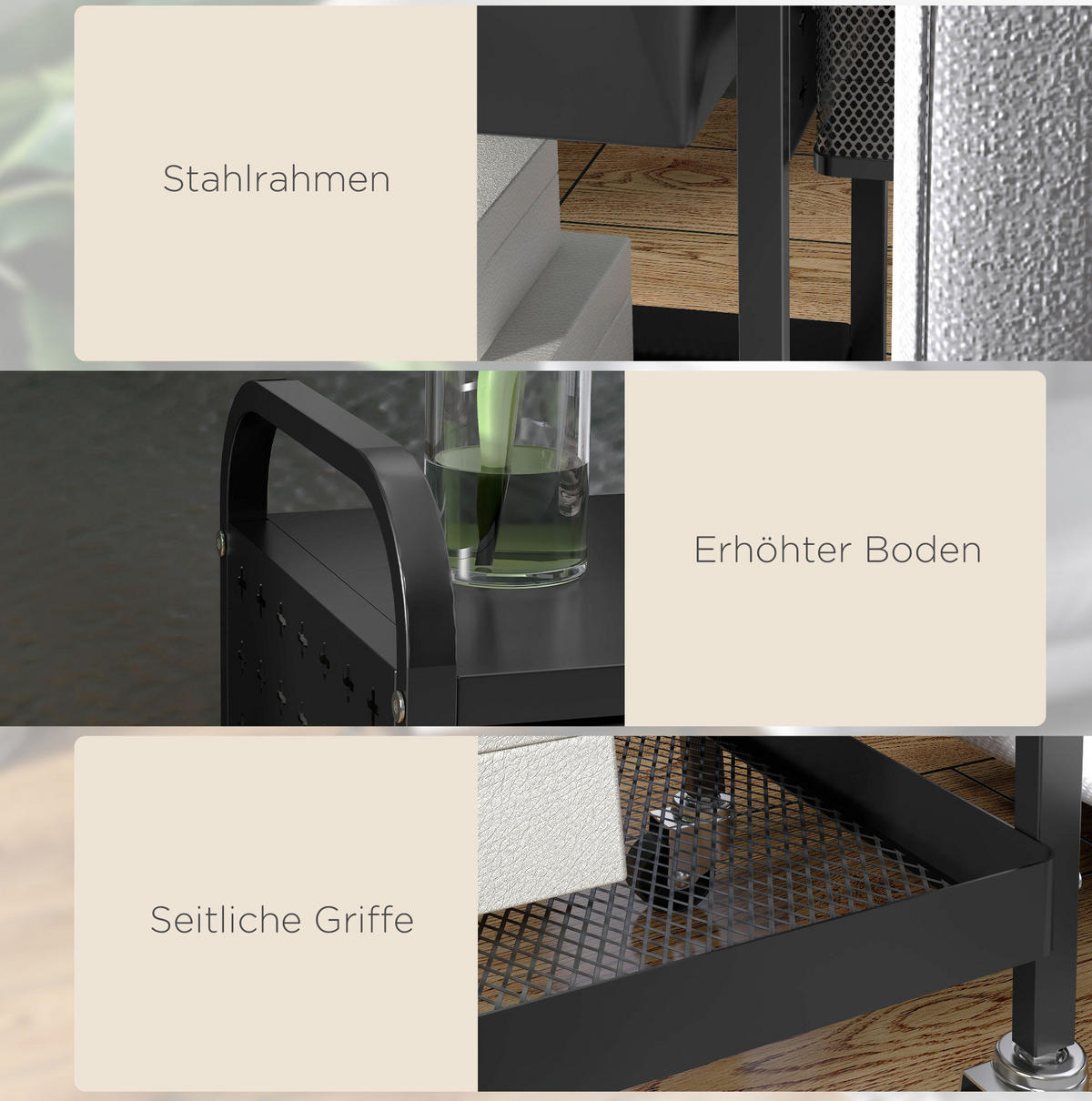 KÜCHENINSEL 61/32,6/58,5 cm schwarz aus Kunststoff mit Schublade und Rollen - Schwarz, Kunststoff (61/58.5/32.6cm) - OKWISH