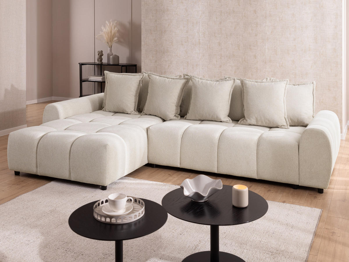 ECKSOFA Bubble mit losen Rückenkissen und Sitzfläche in Bubble-Optik aus weichem Hellbeige Strukturstoff mit schöner Sitzkomfort - Ottomane links - Beige/Schwarz, Holz/Kunststoff (180/306cm) - S-Style Möbel