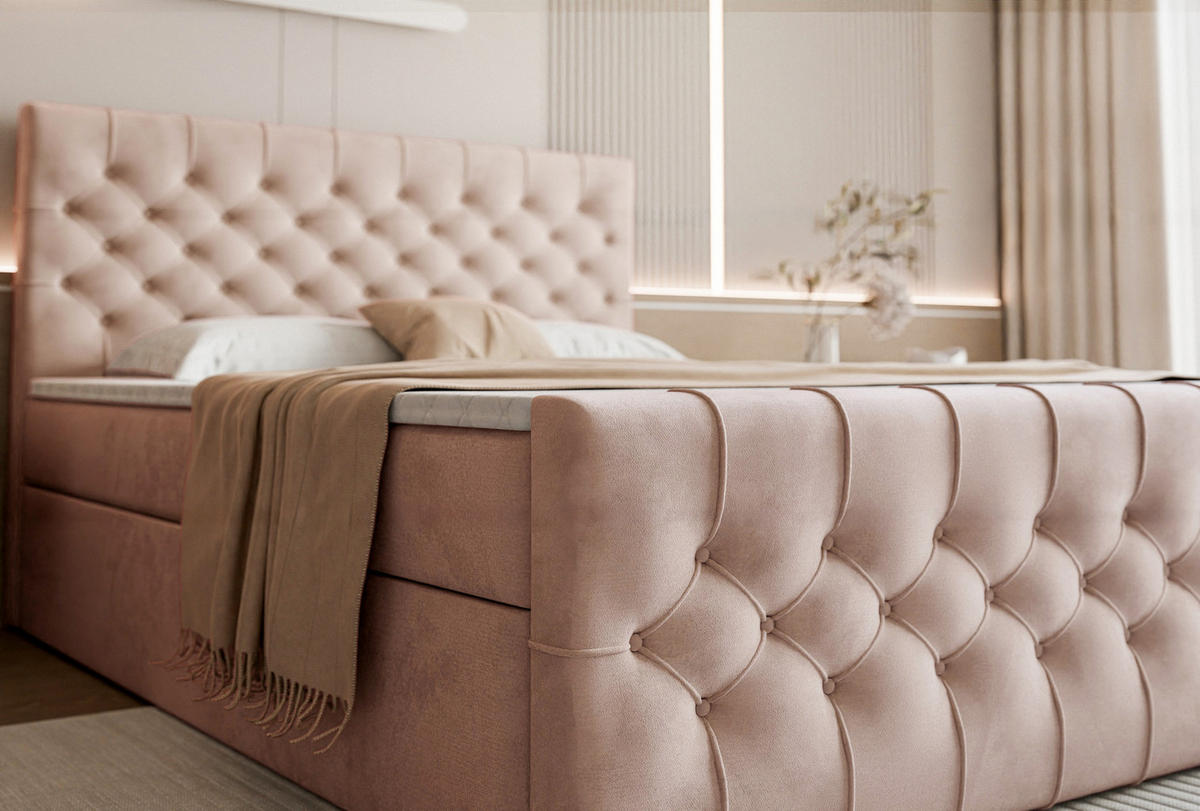 BOXSPRINGBETT Aurora mit Bettkasten, Puderrosa Samt 160x200 cm – inkl. H3 Matratze und Topper - Schwarz/Altrosa, Holzwerkstoff/Kunststoff (160/200cm) - WFL GROUP