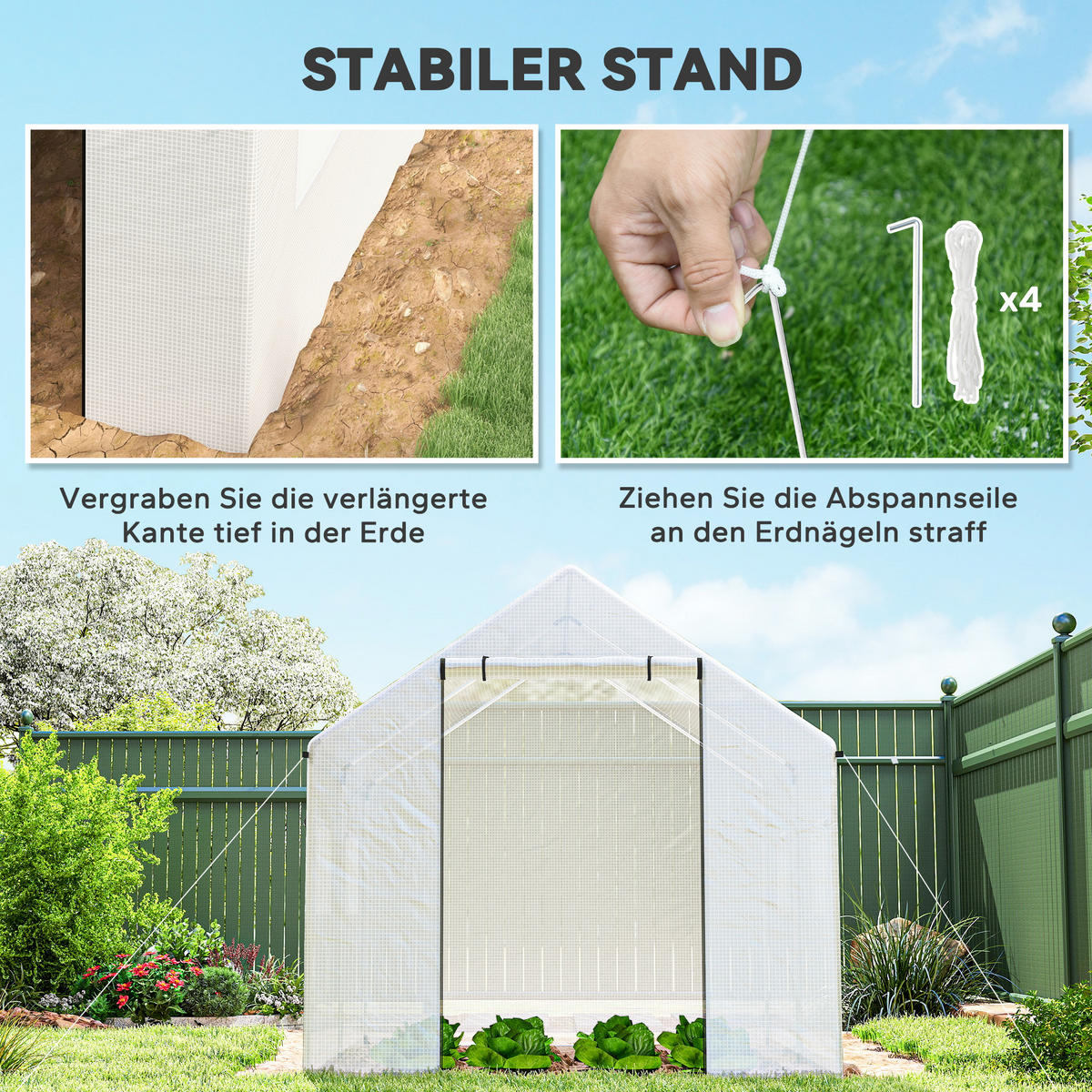 GEWÄCHSHAUS 3 x 2 x 2 m Foliengewächshaus mit 4 Mesh-Fenster Reißverschlusstür - Weiß, Metall (200/200/300cm) - Outsunny