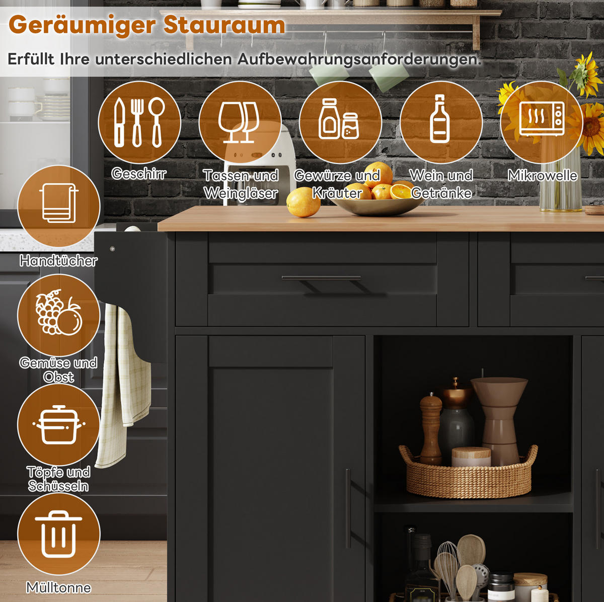 KÜCHENINSEL 145/70/94,5 cm mit ausziehbarer Arbeitsplatte, 2 Schubladen und 5 Rollen, Schwarz - Schwarz, Holzwerkstoff (145/94.5/70cm) - Redom
