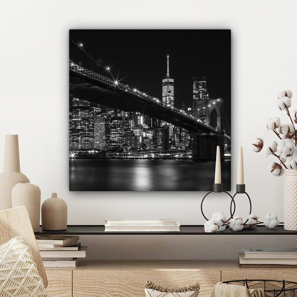 LEINWANDBILD New York - Brooklyn - Brücke Wandbild Wohnzimmer 50x50 cm - Schwarz, Textil (50/50cm) - MuchoWow
