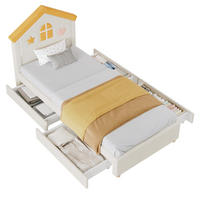 KINDERBETT aus Samt 90x200 cm Beige mit 4 Schubladen, Hauskopfteil und gepolstertem Design - Beige, Textil (90/200cm) - Modfu