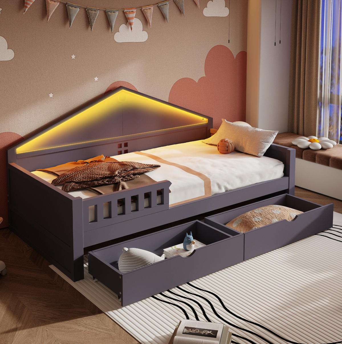 BETT mit 2 Schubladen und LED-Beleuchtung 90x200 cm Grau - Grau, Holzwerkstoff (90/200cm) - Beauniv