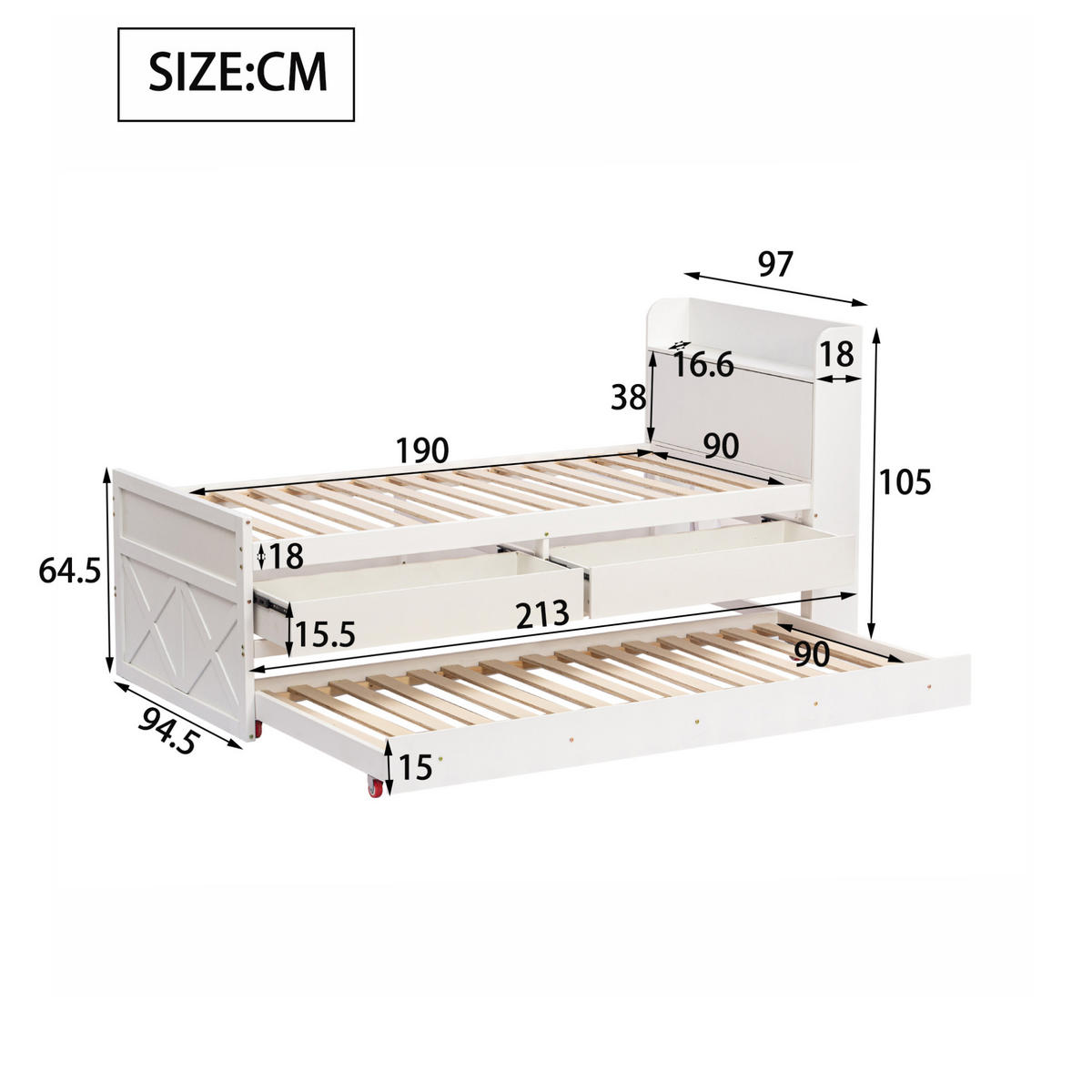 HOLZBETT 90/190 cm in Weiß – inkl. Lattenrost, Ausziehbett und Stauraum - Weiß, Holz (90/190cm) - BEAOK