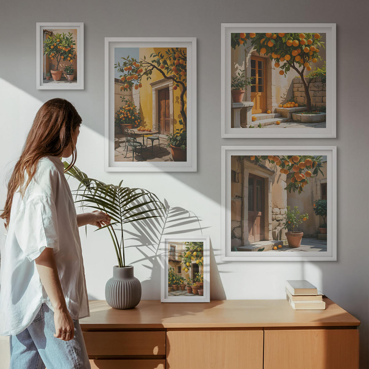 BILDER SET 5er Set - 50x50 cm & 20x30 cm & 40x60 cm Weißer Rahmen - Waldnebelporträt einer Frau - Weiß, Kunststoff (40/60cm) - TULUP